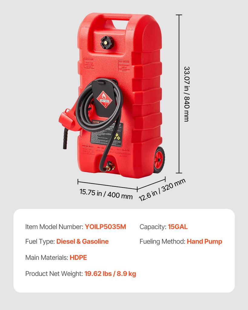 VEVOR Fuel Caddy, 15 Gallon, Portable Fuel Tank with Gravity & Hand Pump Modes, Fuel Tank Container with Wheels