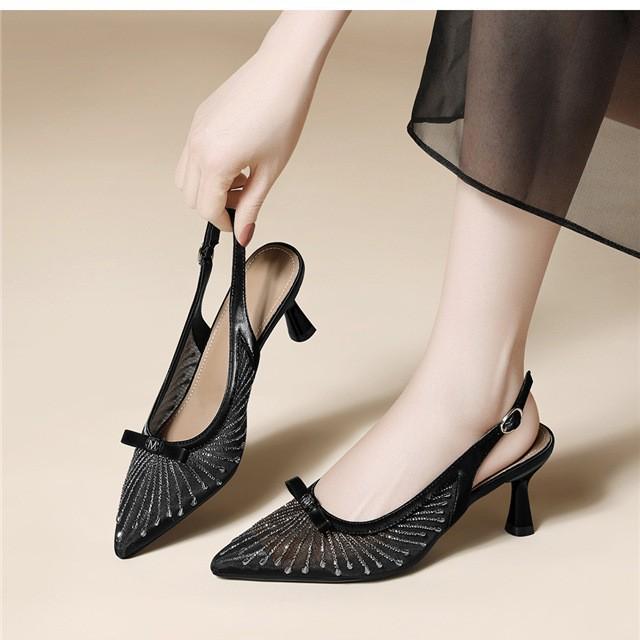 Leichte, luxuriöse Damenschuhe, vielseitige Oberbekleidung, ideal für den Frühling, bequeme Schuhe für den Arbeitsweg, atmungsaktiv, feiner Absatz, Mesh, Strass-High Heels