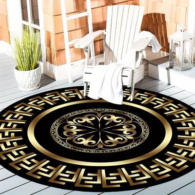 1Pcs Black and Golden Circular  Pattern Round Area Rug Indoor Non-Slip Washable Fiber Carpet Soft Comfortable Mat For Bedroom Living Room