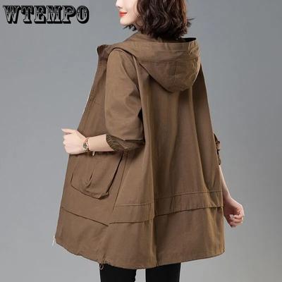 Forro corta-vento feminino comprimento médio solto coreano moda 4xl outono primavera trench coat feminino jaqueta com capuz