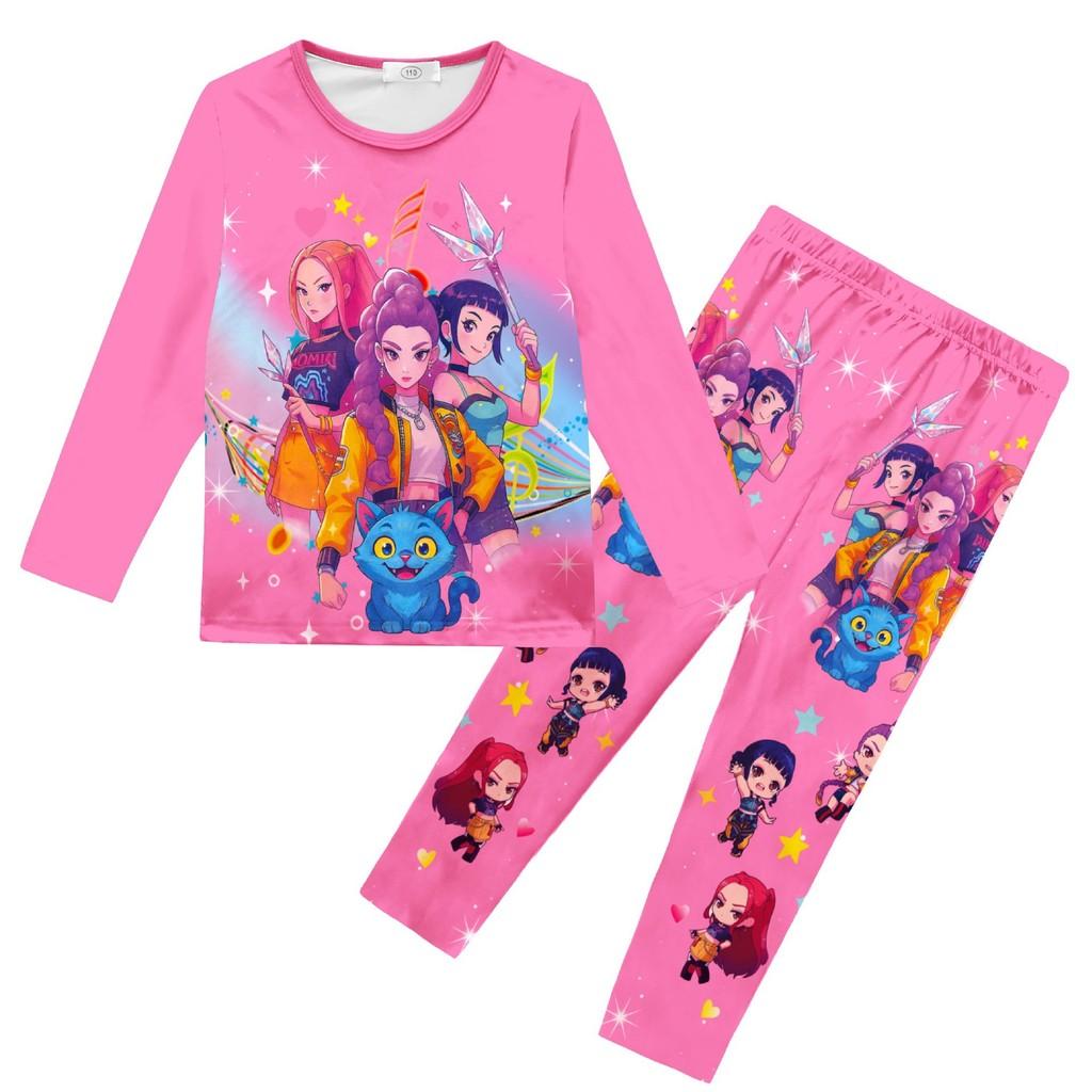 Kinder Mädchen K-POP Rumi Mira Zoey Druck Langarm T-Shirt Top Hose Hose Pyjama Schlafbekleidungssets