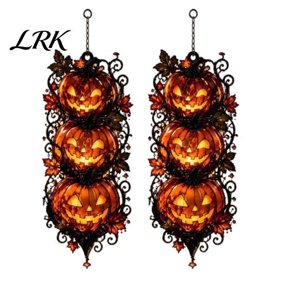 Halloween Pumpkin Hanging Ornaments Triple Stacked Jack-o'-Lantern Door Hanger, 2D Wall Ornament, Spooky Theme House Decor Fall Porch for Front