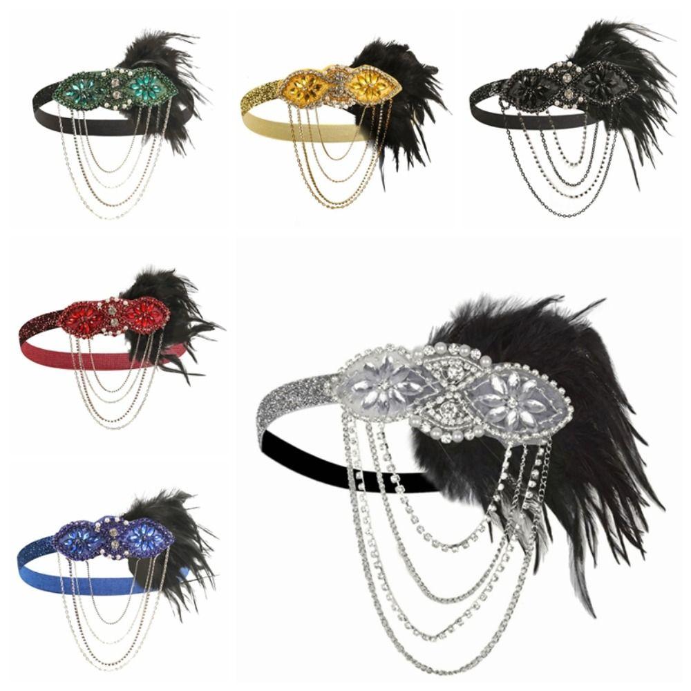 Tassels Headband Beaded Rhinestone Hair Band Feather Hairband Gatsby Cosplay Dress Headwear