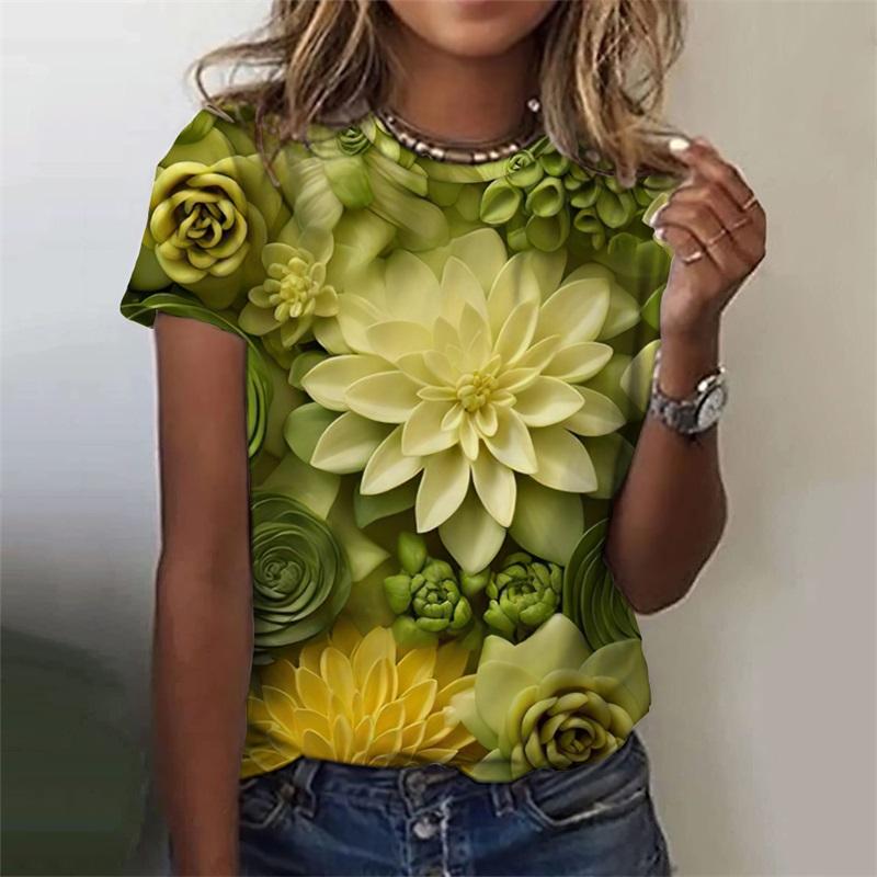 Summer Round Neck 3D Flowers Graphic Print Top Fashionable Casual Short Sleeved Women's T-shirts