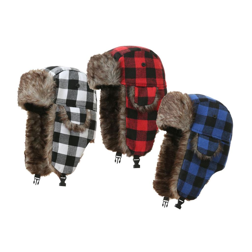 Men's Plaid Earmuffs Winter Warm Plaid Aviator Trapper Hat Outdoor Windproof Cold-proof and Warm Russian Winter Skiing Cap
