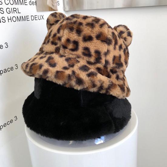Sombrero de Pescador Orejas de Oso Bola de Felpa Engrosada Otoño Invierno Leopardo Bola de Felpa Gorro Cubeta para Exteriores