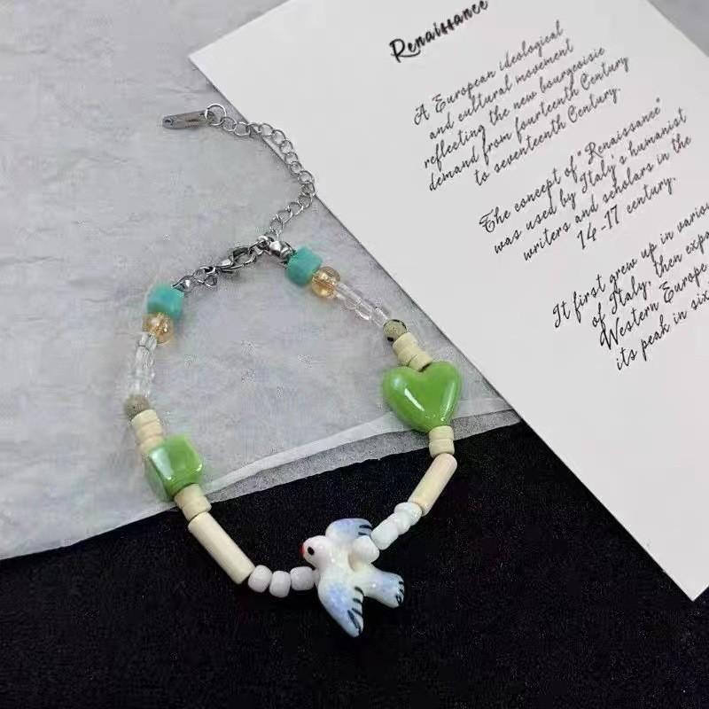 Womens Trendy Ceramic Beaded Bracelet With Heart And Geometric Charms Retro Style