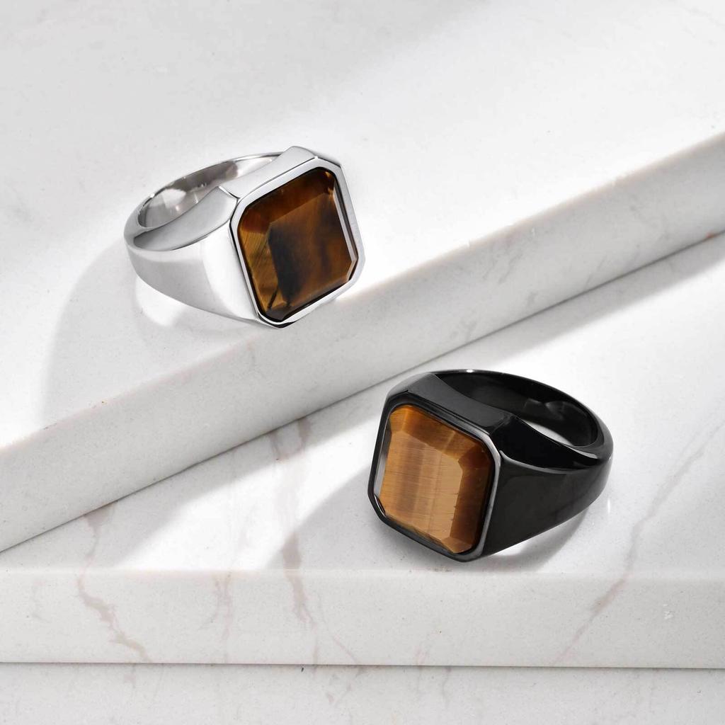Vnox Tiger Eye Stone Ring for Men, Geometric Square Stainless Steel Metal Finger Ring, Stylish Ring Band Wedding Gift Size 7-12