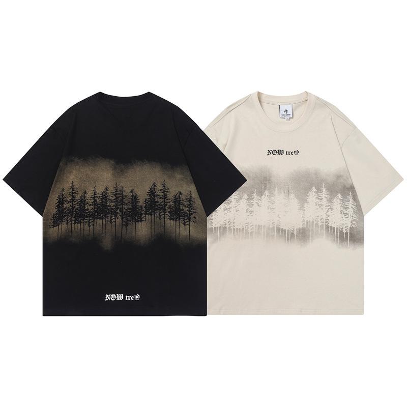 Trendy Summer New Japanese Retro Creative Landscape Print Pattern Loose and Versatile Breathable T-shirt