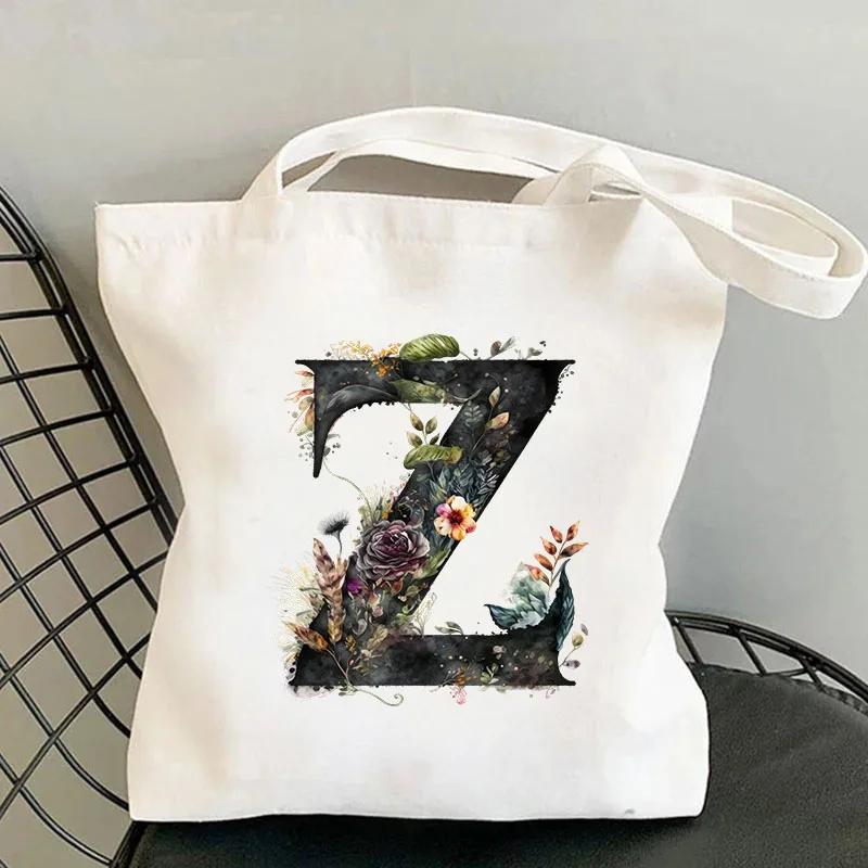 26 Black Alphabet Flower Tote Bags For Women Large Capacity Canvas Casual New Shopping Printed Reusable Handbag Eco Bag Large