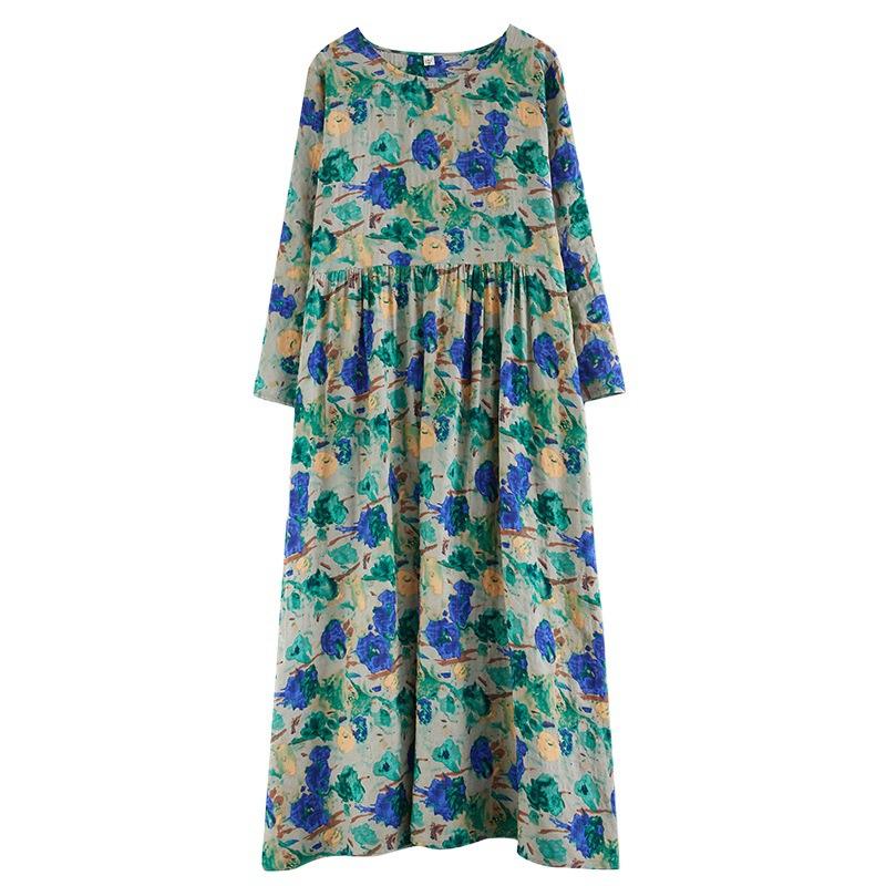 Bahar Çiçek Baskı Yuvarlak Boyun Retro Gevşek Uzun Elbise Yeşil Mavi Uzun Kollu Pamuk Keten Elbise Kadın Giyim