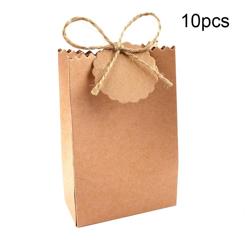 10set With Tag and Rope Candy Box Bread Bag White Candy Biscuit Bag For Guest Gift Gift Bag Brown 7x3.5x11CM