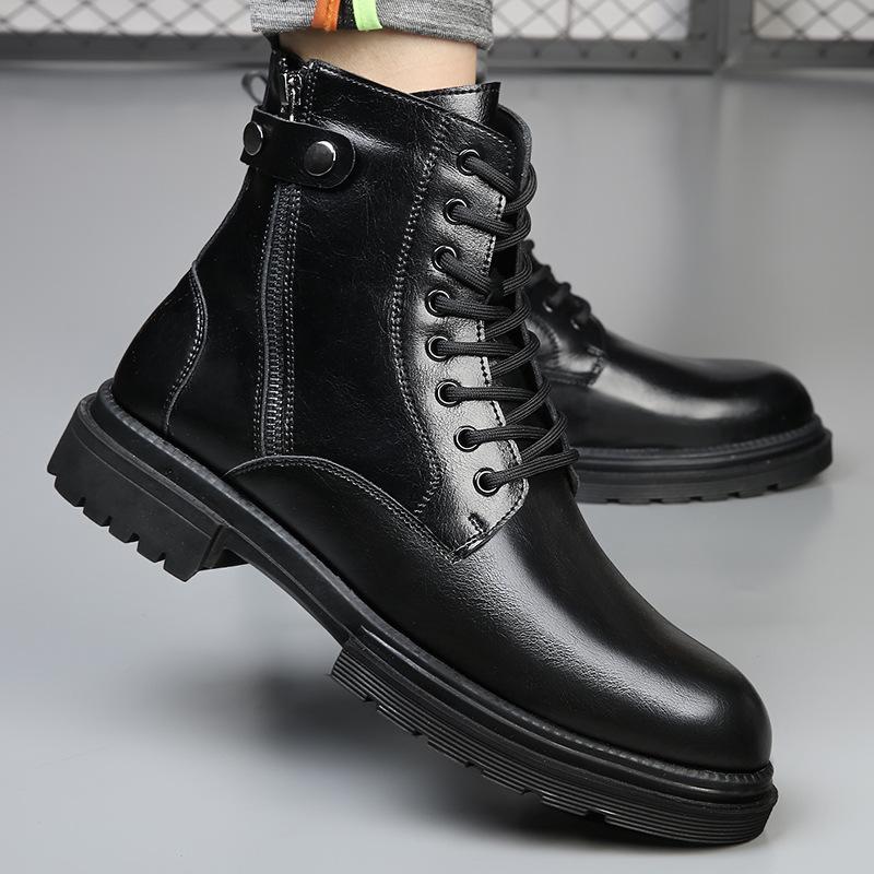 Side Zipper Martin Boots Men's High-top British Style Leather Tooling Locomotive Boots Autumn and Winter Heightening Velvet Warm Boots