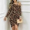 Women Plus Size Asymmetric Off Shoulder Long Sleeve Grey Black Leopard Print Irregular Wrap Bodycon Midi Dress
