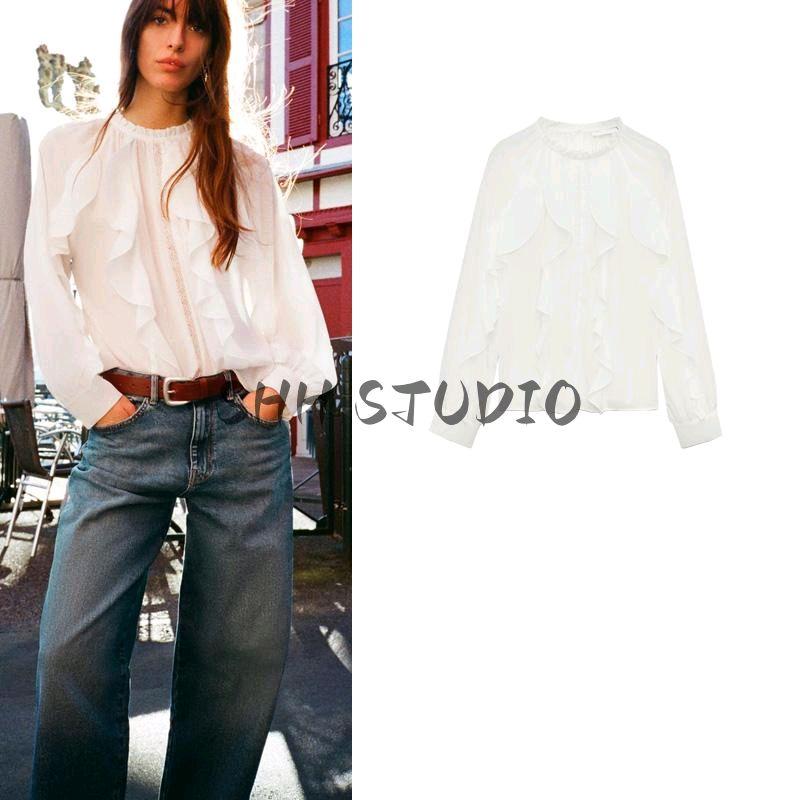 Spring New Women's Clothing Romantic Style Crew Neck Casual Loose Trim Laminated Decoration Blouse 2122925