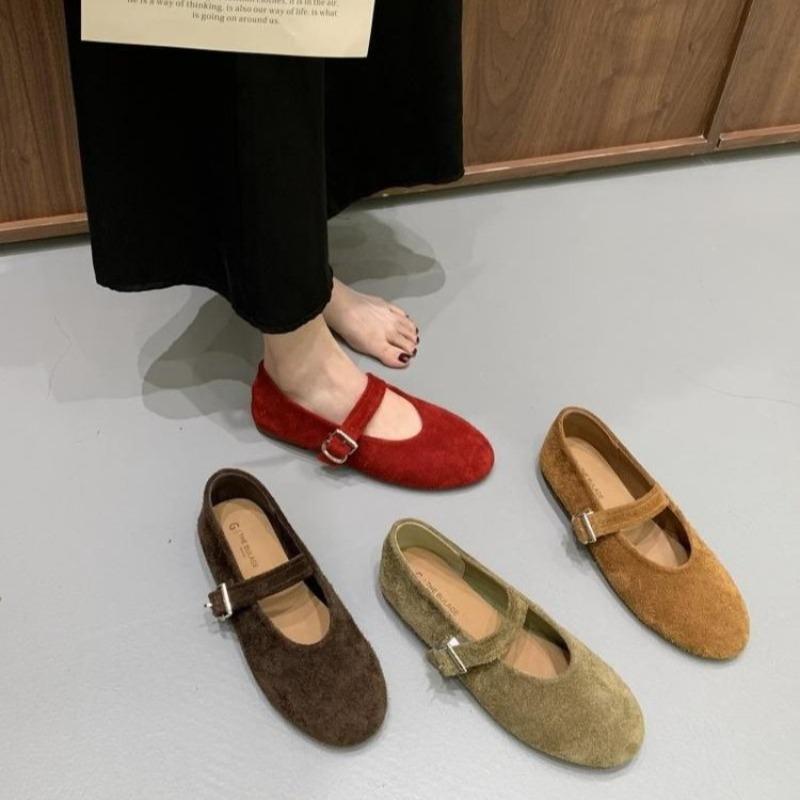 Fashion New Style Fashion Women's Ballet Flats Retro Red Double Belt Buckle Decoration Casual High Quality Big Size Lady Mary Jane Shoes