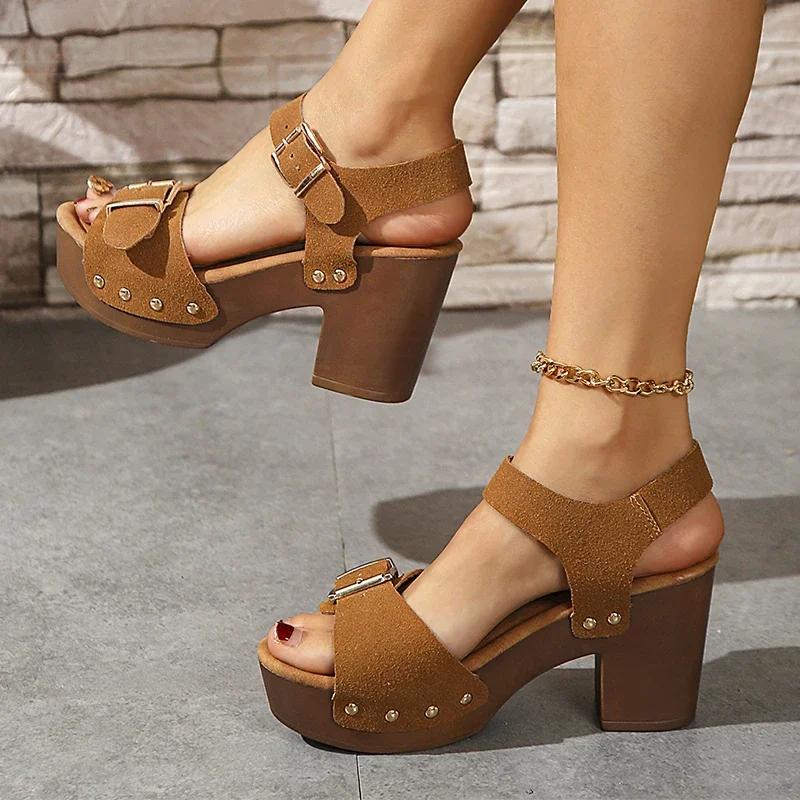 Fashion Trend Square Metal Buckle Thick High Heel Sandals Women's Summer New Platform Fashion Sandels Rivet Decor Plus Size 43 Sandalias