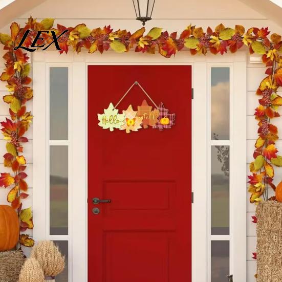 Thanksgiving Porch Decor Autumn Welcome Sign with Hanging Rope for Front Door, Rustic Maple Leaf Shape Wood Harvest Festival Wall Ornament Pumpkin And