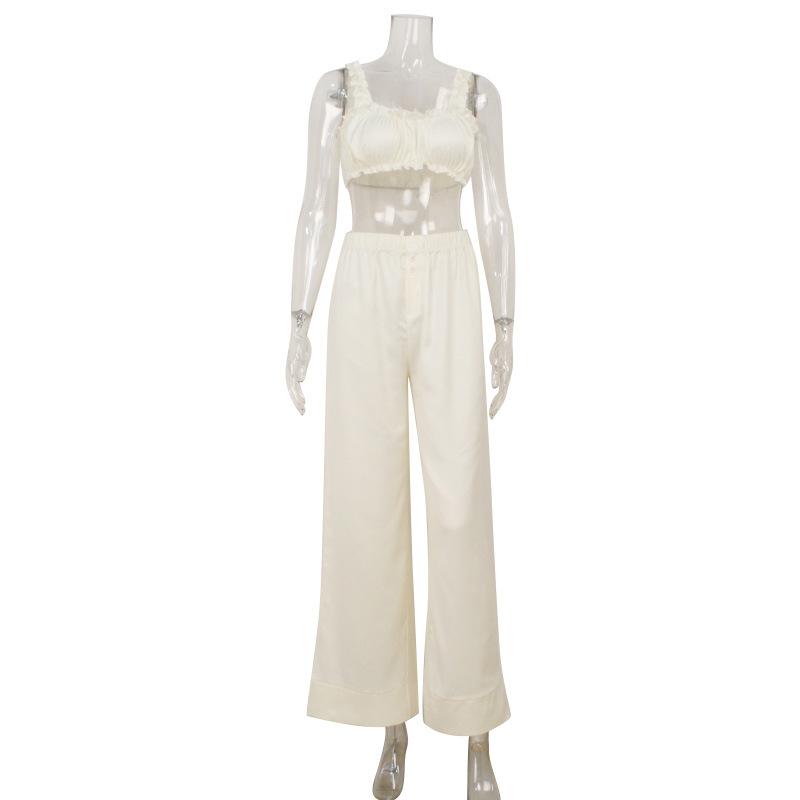 Women French Style Apricot Satin Ruffled Camisole And Long Pants Two Piece Set