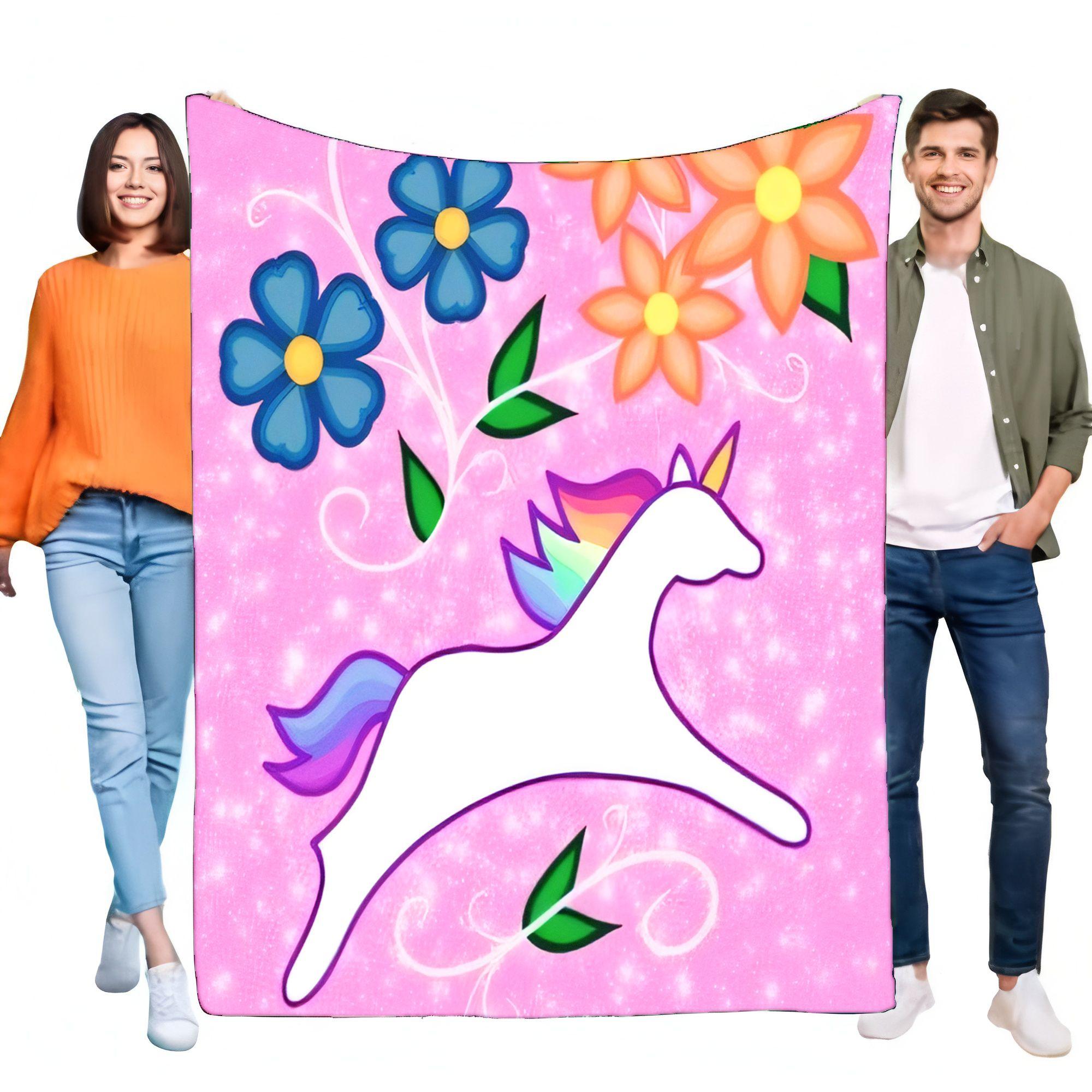 

Unicorn Dreams Blanket Soft Cozy Throw with Colorful Flowers and Glitter Design Perfect for Kids Room, Bed or Sofa, Great Birth 75x90cm