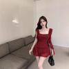 Red irregular suspender skirt dress summer new temperament sexy pleated waist ruffle short skirt children