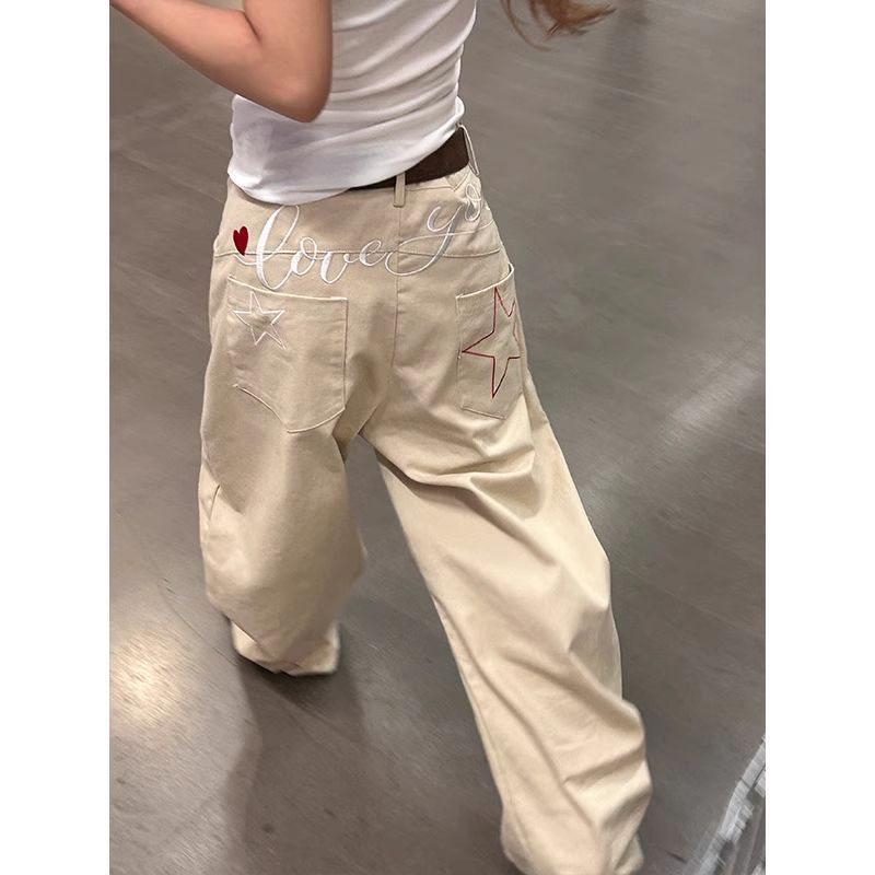 

American Retro Star Embroidered Wide-Leg Jeans for Women M for 96-105 jin