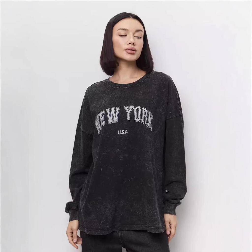 Vintage European-American Style Black Cotton Print Long Sleeve Slimming T-Shirt for Women