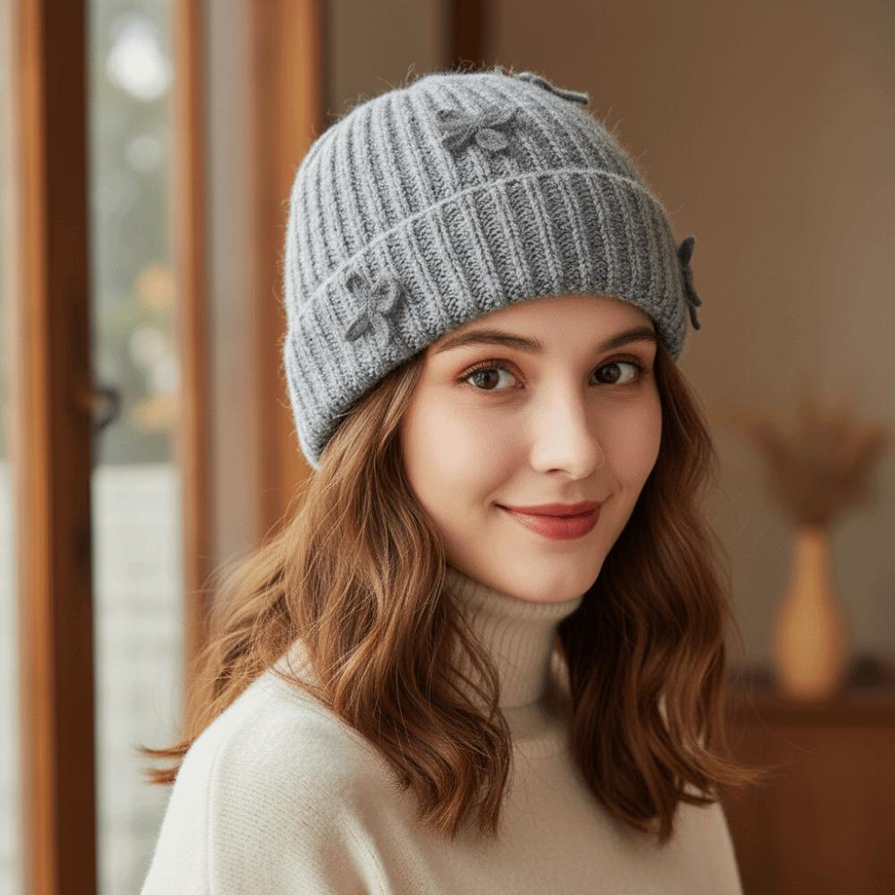 Bowknot Knitted Beanie Hat Thick Korean Sweet Bow Hat Fashion Woolen Pullover Hat Girls