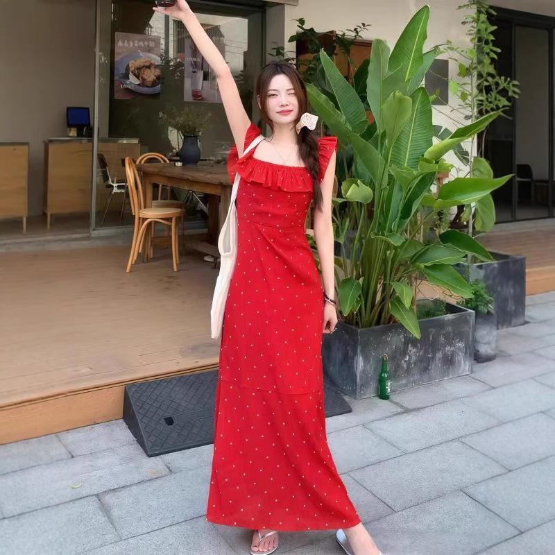 French gentle temperament flying sleeves ruffle edge splicing dress women's summer new polka dot square neck suspender dress