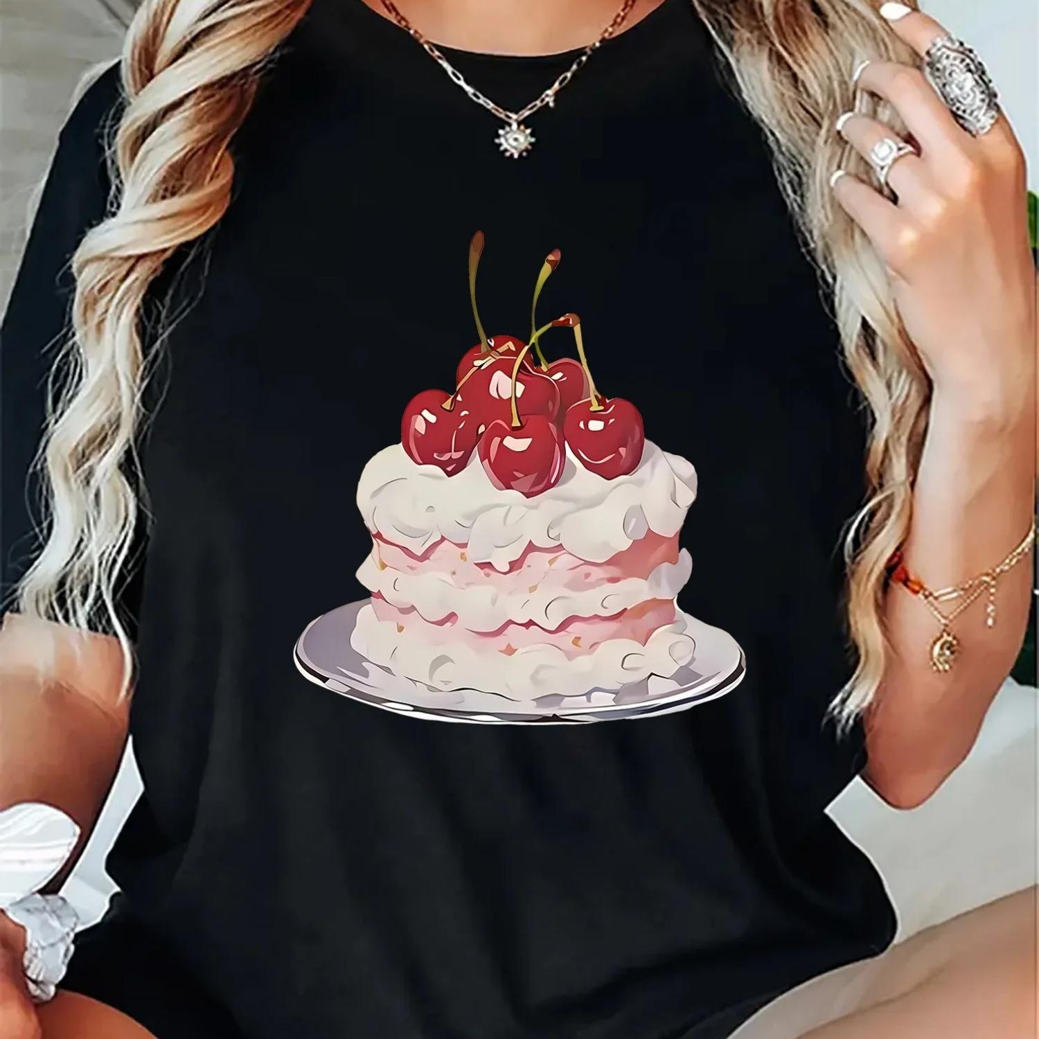 Cherry Cake Print Short Sleeve Crew Neck Casual Sports Short Sleeve Crew Neck Summer Clothing s Harajuku Sleeve Casual S чёрный