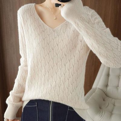 Maglione lavorato a maglia con scollo a V ampio e solido Maglione da donna sottile primavera e autunno Camicia a maniche lunghe scolpita con fondo Capispalla di moda Top