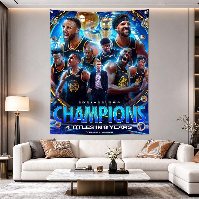 Golden State Warriors 2022 Champions Poster Blue Neon Trophy Curry Team Glow