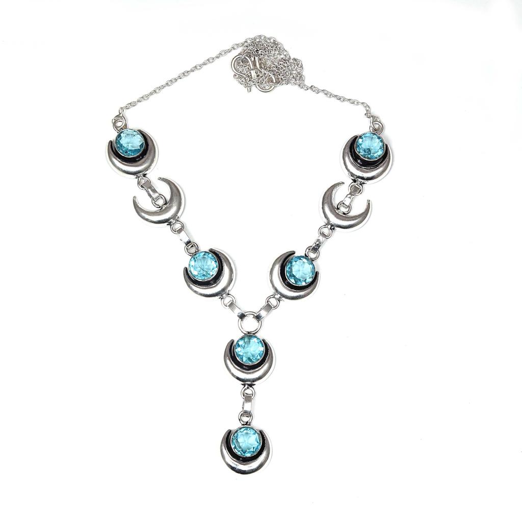 Swiss Blue Quartz Gemstone Women's Unisex Jewelry Necklace Set 18-20''