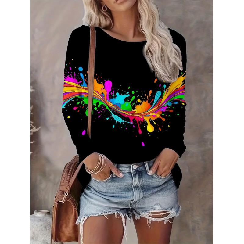 Abstract Tie-Dye 3D Digital Print Loose Fit Womens Crew Neck Long Sleeve T-Shirt Casual Comfort Top