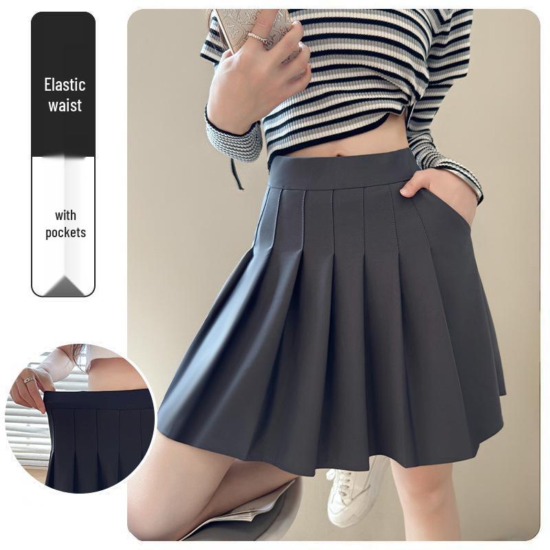 2025 High Waist Black Pleated Midi Skirt for Women - A-Line, College Style, Anti-Exposure, Slimming Fit