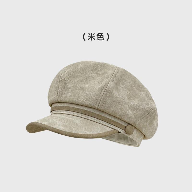 New pu leather brim octagonal hat female retro face little newsboy painter hat big head circumference beret