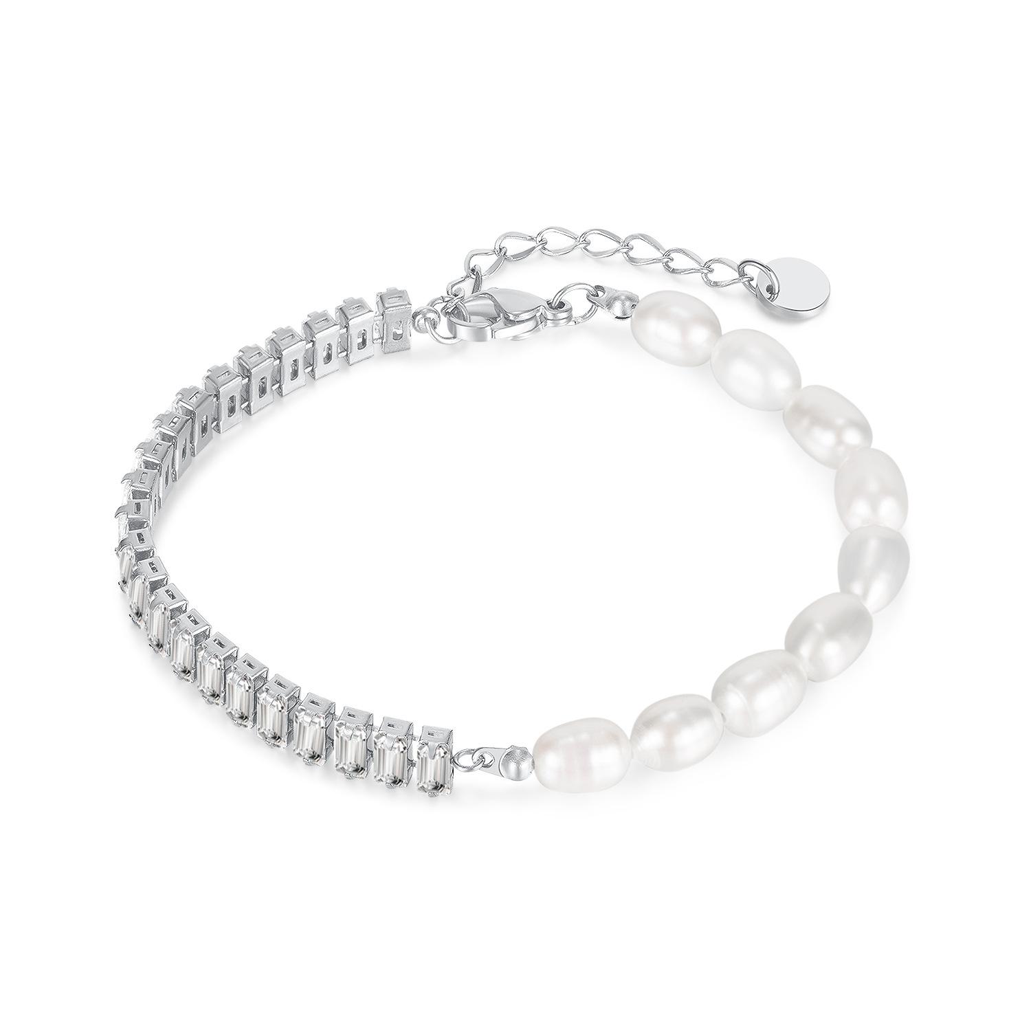 PVD Stainless Steel Zircon Tennis Chain Bangle Natural Freshwater Pearl Bracelet Half Pearl Half Chain Bracelet Jewelry 22cm