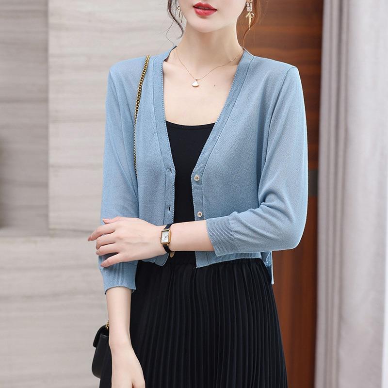 Summer ice silk sunscreen cardigan women's thin short long-sleeved loose outer shawl air-conditioning shirt knitted jacket
