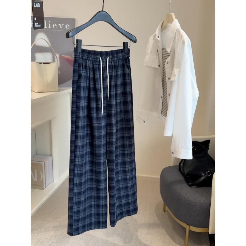 

Эластичная талия клетчатые прямые повседневные брюки женские осенние новые свободные и универсальные тонкие брюки с широкими штанинами L