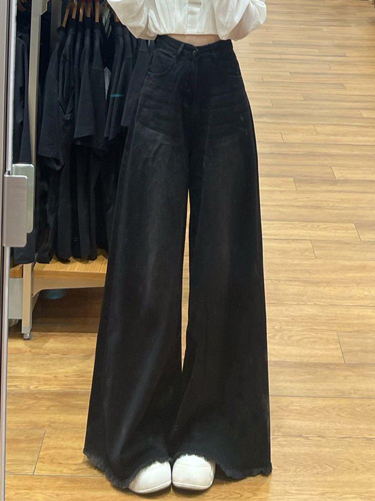 

High-Waisted Loose Flared Pants with Raw Hems - Plus Size Friendly, Versatile Black Wide-Leg Denim for Autumn/Winter Large чёрный