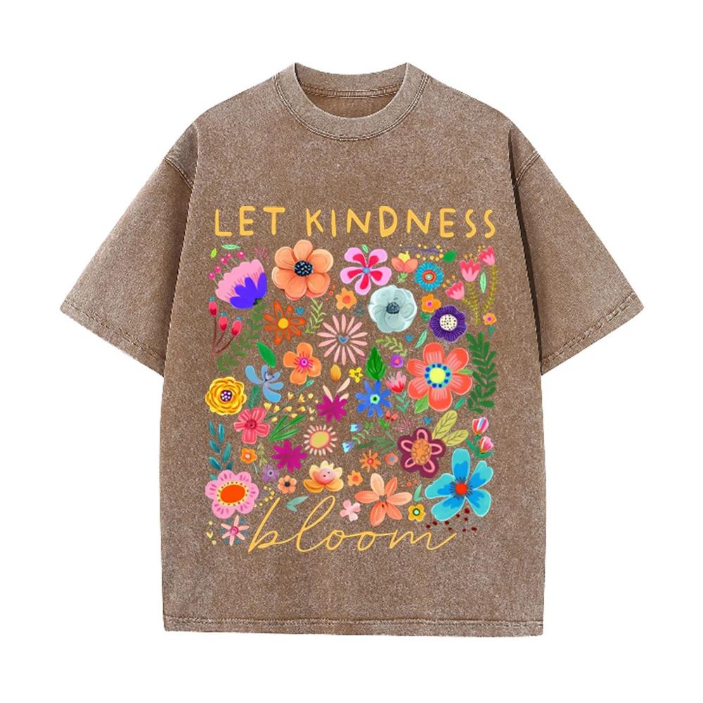 2026 Boho Spring Floral Tee Colorful Flower Illustration Letter Print Casual Comfortable Oversized Tshirt Soft Crew Neck Daily