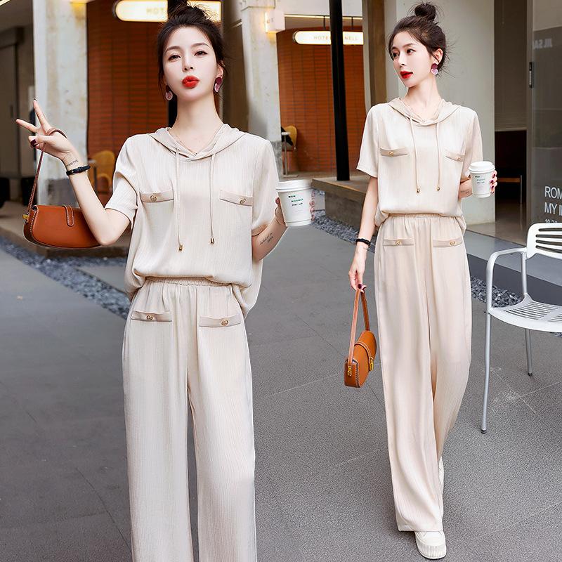 

Модный спортивный костюм женский летний новый темпераментный тонкий и легкий худи с коротким рукавом и брюки широкие от бедра комплект из двух предметов XXL