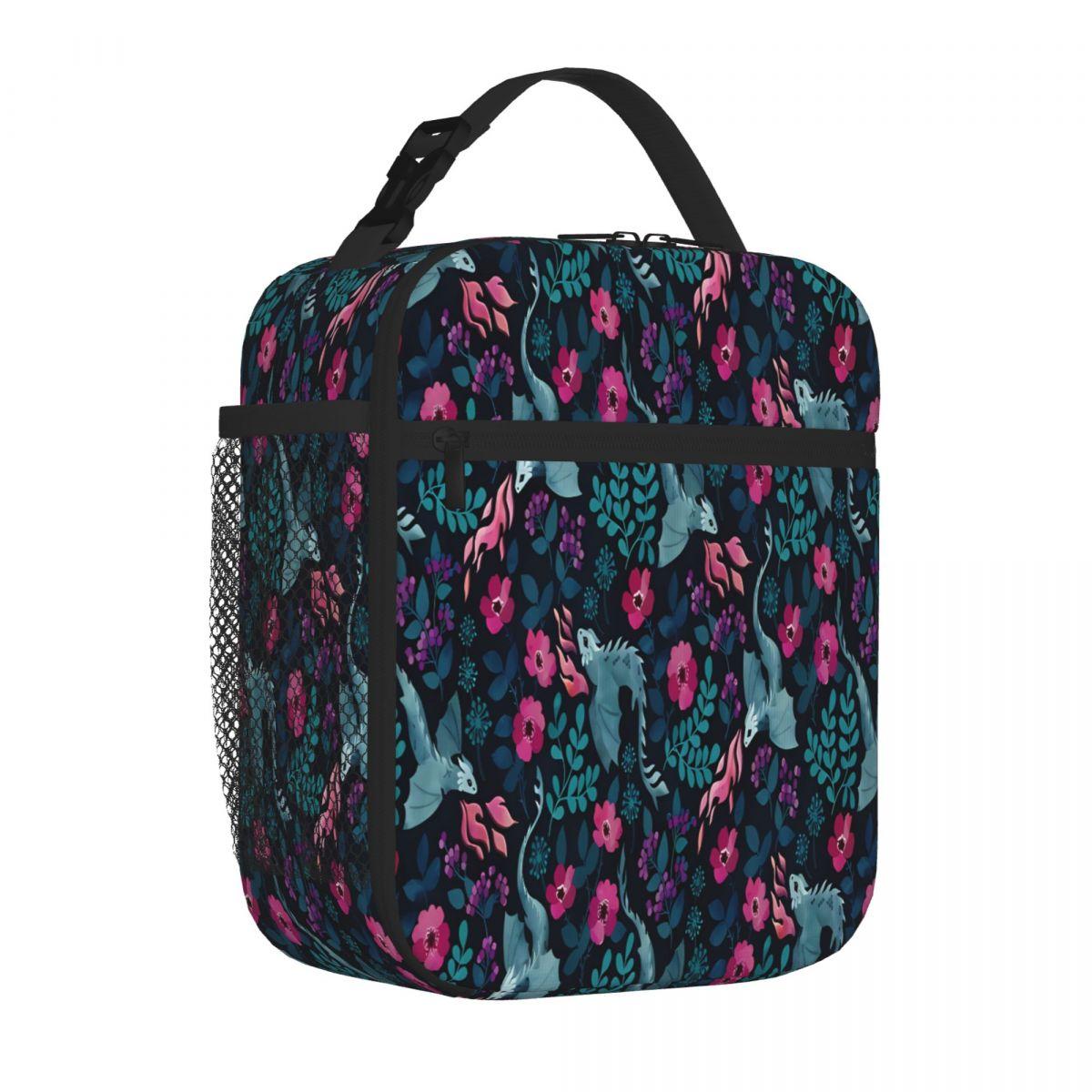 Bestselling Dragons Floral In Dark Jewel Tones Minimalist Waterproof Lunch Bag Daily Meal Prep Carry Lunch Bag One Size