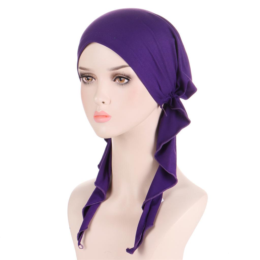 Solid Color Muslim Fashion Hijabs Turban Bonnet Long Tail Head Wraps Elastic Hijab Hats Breathable Chemo Cap For Women Girls