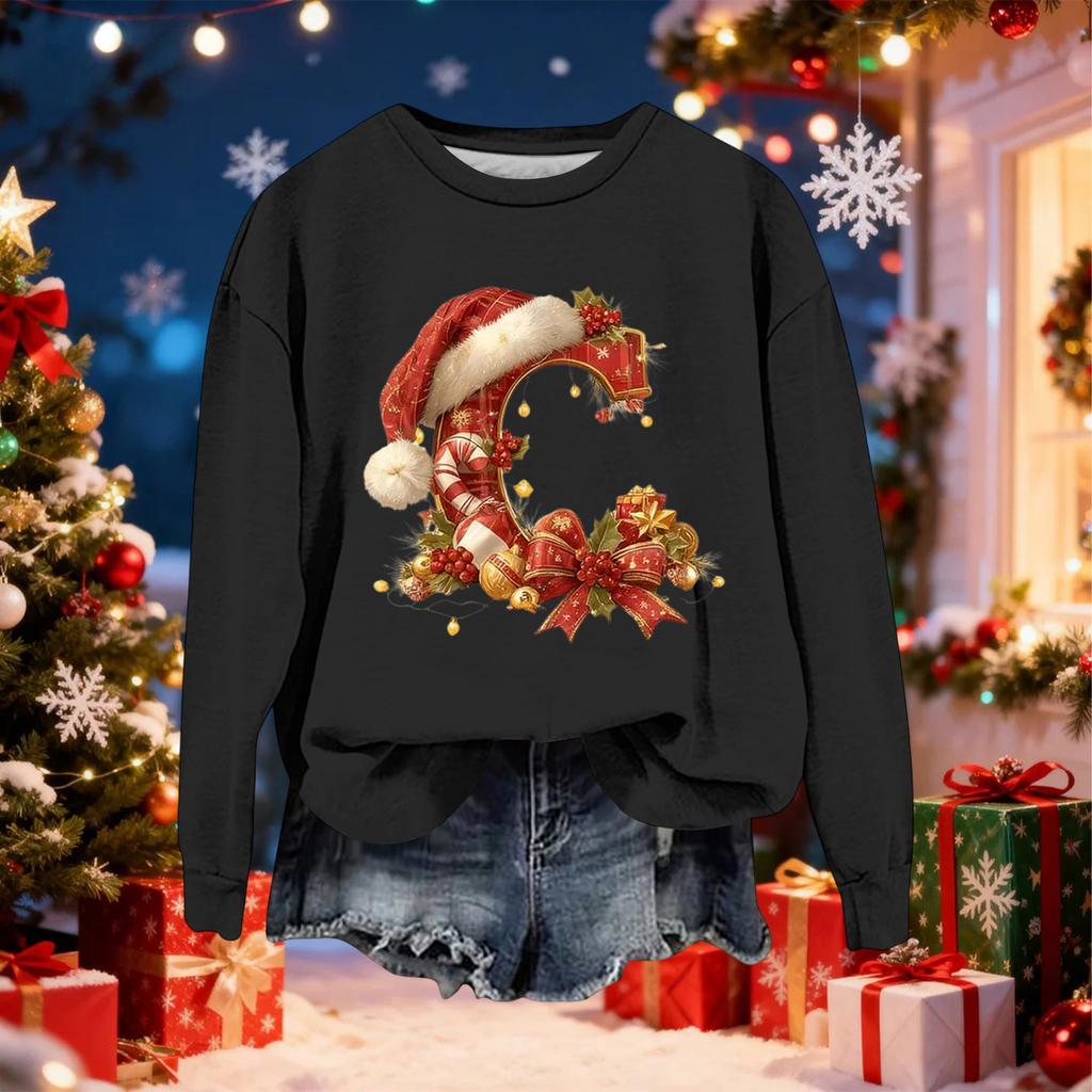 Women's Fashionable Casual Long-Sleeved Christmas Letter Print Crew-Neck Sweatshirt