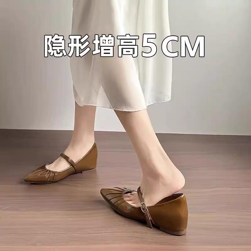 Damen-Schuhe mit innerer Erhöhung, Frühling und Herbst 2025 neu, Retro-Einspangen-Mary-Jane-Schuhe mit Falten, spitz zulaufend, flacher Ausschnitt, Einzelne Schuhe
