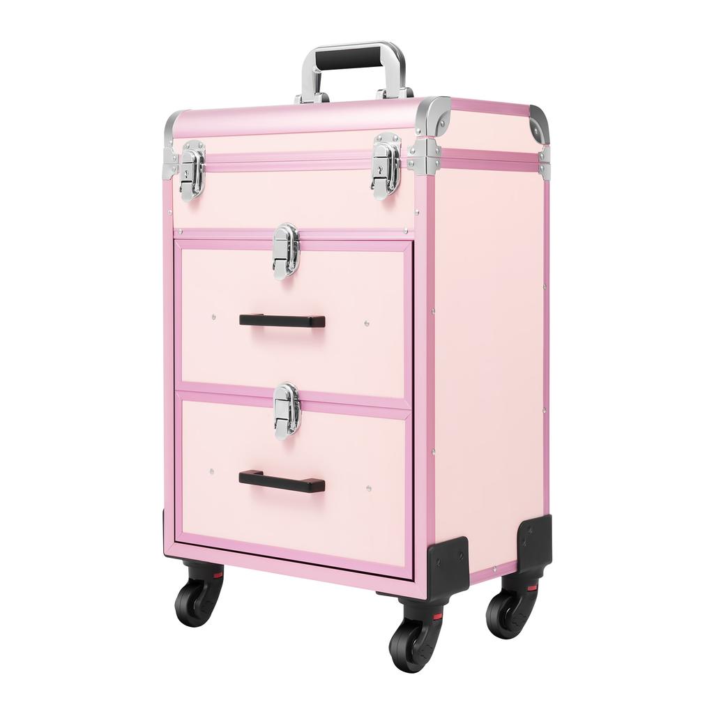Rofessional Rolling Makeup Case, 3-Layer Train Case with 40 Compartments & 2 Drawers, 50kg Capacity Portable Beauty Organizer