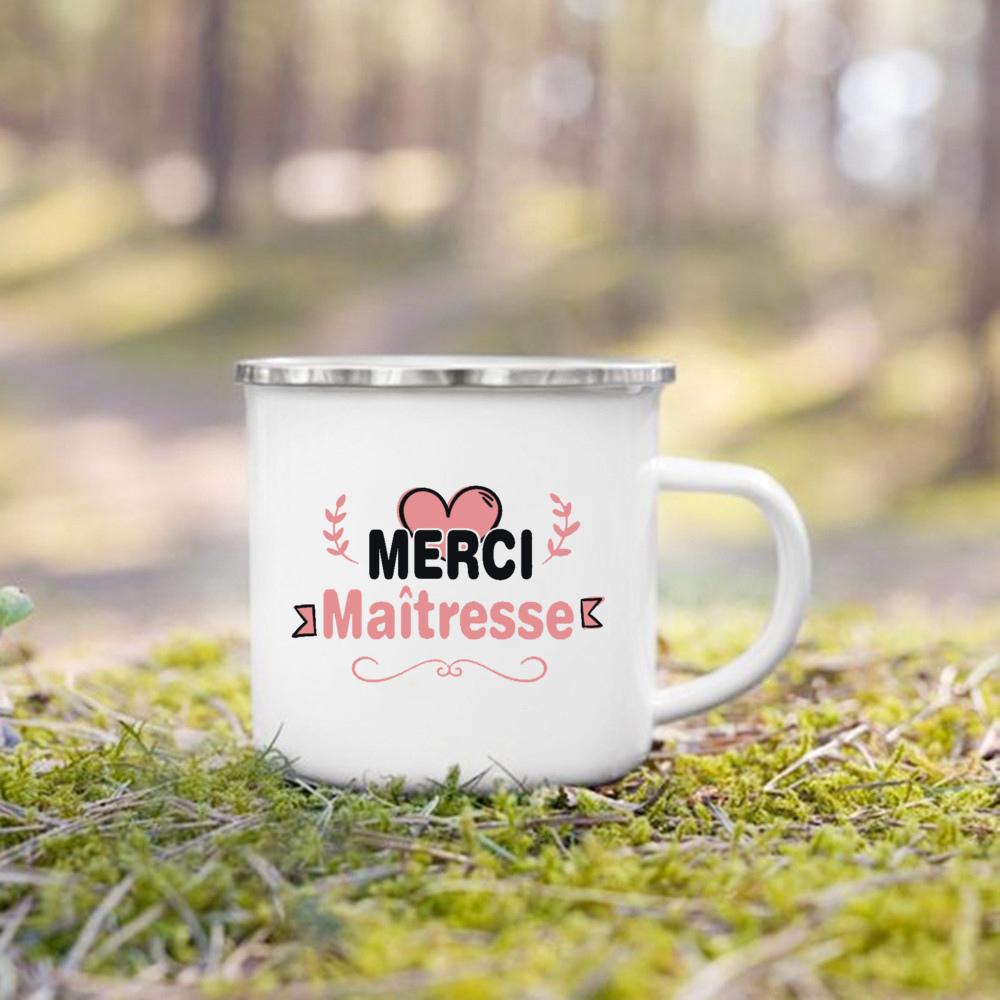 Merci Maitresse French Printed Mug Creative Coffee Cups Drinks Dessert Milk Enamel Cup Vintage Handle Drinkware Gift for Teacher