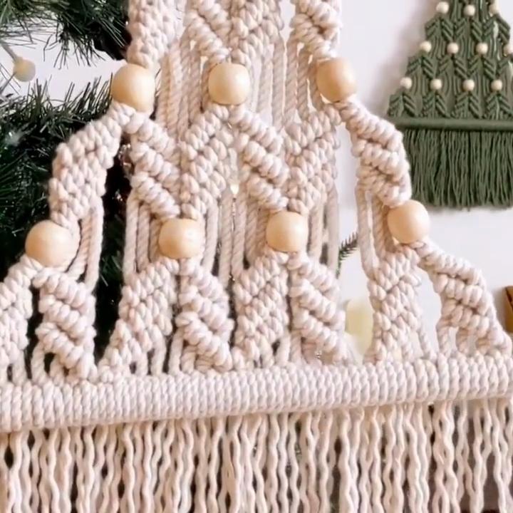 Makramé Vánoční stromek DIY Řemeslná sada, Zelený a béžový polyester, Slavnostní nástěnná dekorace, Perfektní dárek pro rodinu a přátele