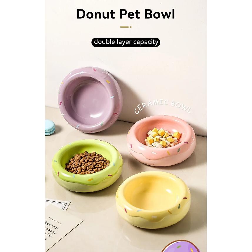 2 in 1 Cat Ceramic Bowl Double Layer Small Dogs Food Water Feeders Pet Non-slip Drink Eat Supplies Doughnut Shape Microwave Safe